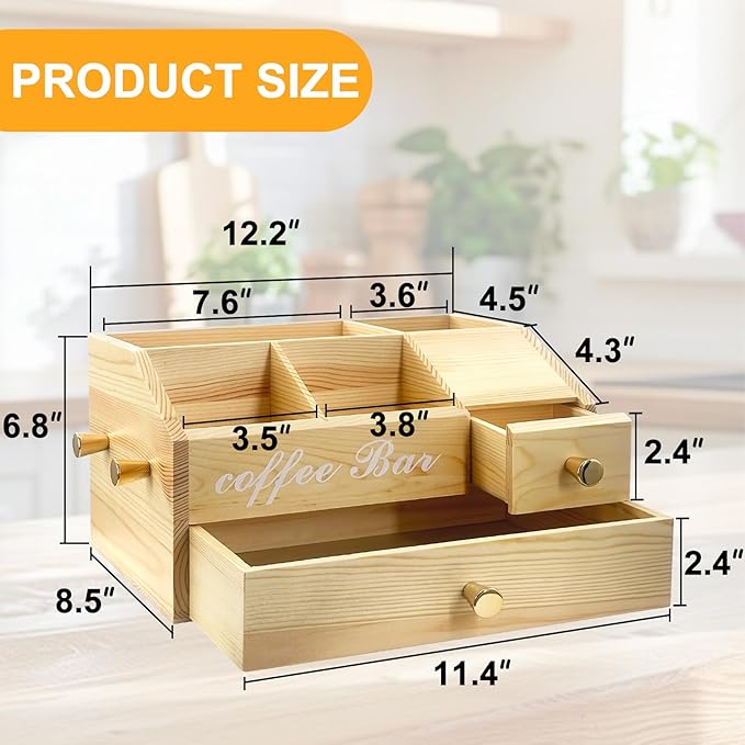 Coffee Station Organizer - Farmhouse Wood Kcup Holder for Counter, Countertop Snack Organizer with Hanging Handles, Suitable for Snacks, Coffee Capsules, Syrups and Various Accessories（Wood）