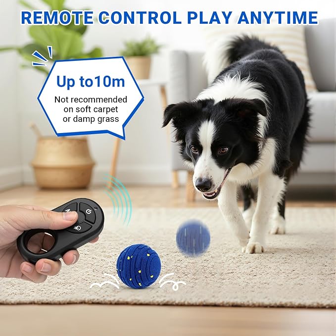 Smart Interactive Dog Toy with Remote Control, E-TPU Toy Ball for Aggressive Chewers, Automatic Moving, IPX6 Waterproof, Rechargeable Rolling Ball for Small/Medium/Large Dogs, BLU&YLW