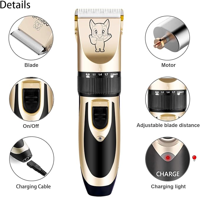 Highdas Dog Grooming Kit Clippers, Low Noise, Electric Quiet, Rechargeable, Cordless, Pet Hair Thick Coats Clippers Trimmers Set, Suitable for Dogs, Cats, and Other Pets (Gold)