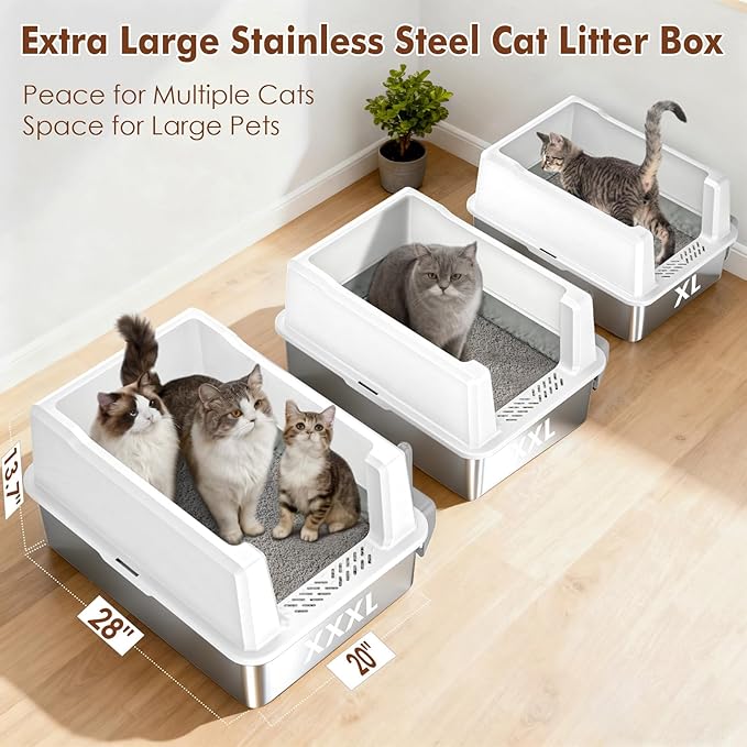 Large Litter Box for Multiple Cats, 28" L x 20" W Over Sized with High Sided Metal Litter Box Stop Scatter, Non-Stick Stainless Steel Litter Pan Easy to Clean, Anti-Leak Design, Odor-Resistant
