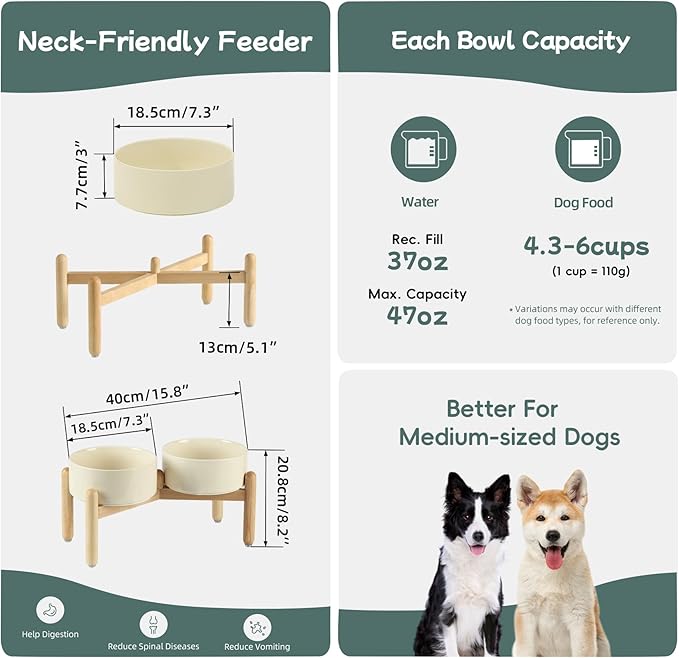 Ceramic 7.3inch Raised Double Bowls Set with Wooden Stand, Food & Water Bowls for Medium Breed Dogs, Weighted Dog Dishes, Pet Feeder(Light Yellow)