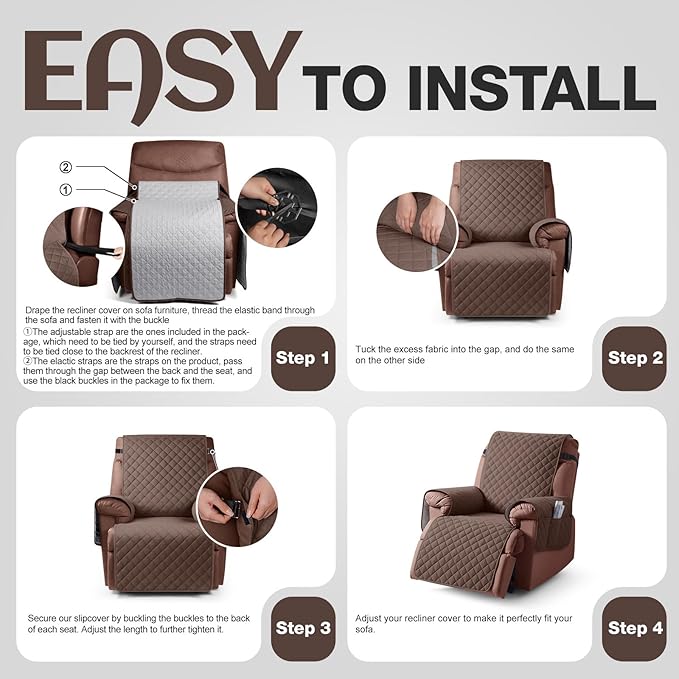 KinCam 100% Waterproof Recliner Chair Cover, Reclining Couch Covers for Pets, Dogs, Recliner Couch Slipcover Furniture Protector with Elastic Straps for Kids(23.6", Deep Brown)