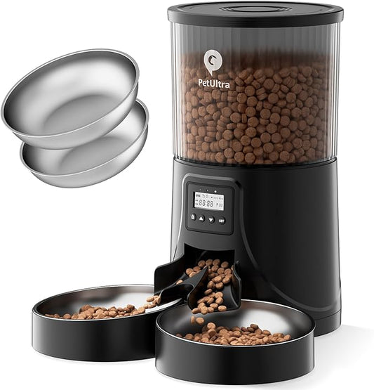 Automatic Cat Feeder for 2 Cats - 16 Cups/4L Timed Auto Pet Feeder with Portion Control (1-6 Meals), Dual Power& Easy to Clean for Indoor Cats & Small Dogs