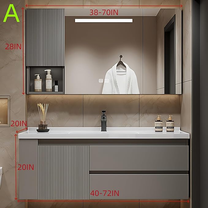 72IN Suspended Bathroom Cabinet Combo Set - Fully Functional LED Mirror with Smart Defogging & Time Display | Bathroom Vanity with Sink,Side Cabinet Storage Compartment (Style A)