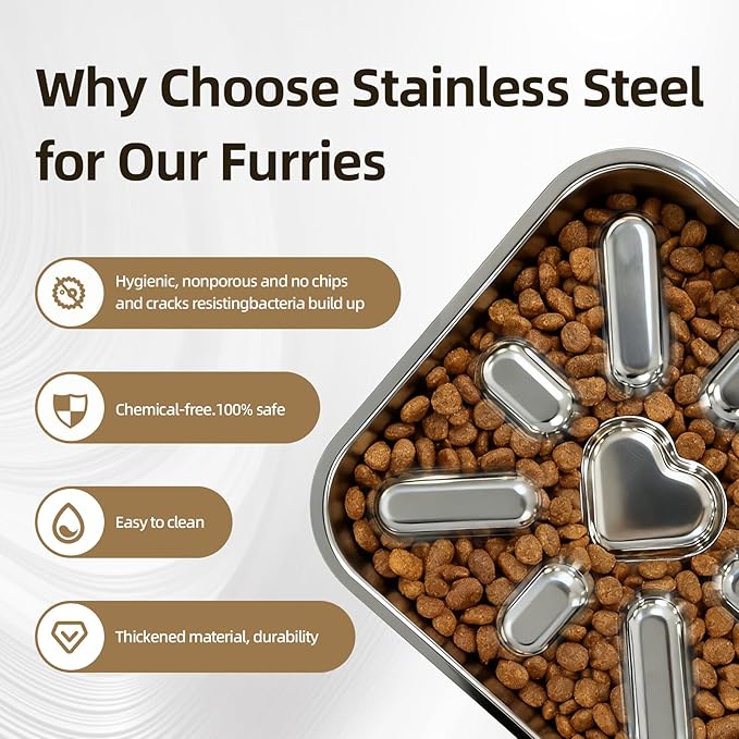 Stainless Steel Slow Feeder Dog Bowls Large & Medium Breed 3 Cups, Food Grade 304, Non-Slip Base, Deep Ridges to Slow Eating, Metal Slow Feeder Dog Bowls, Dishwasher & Chew-Proof & Rustproof