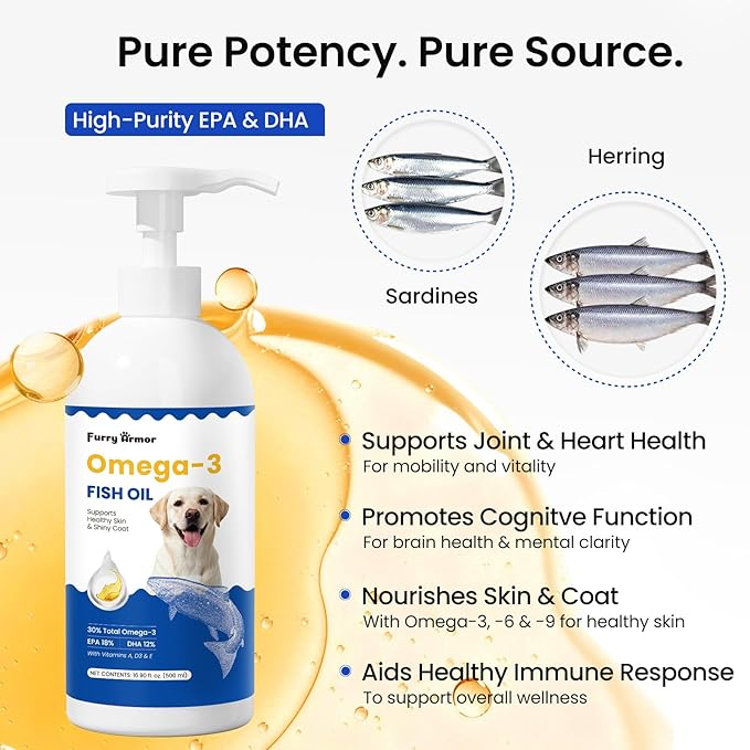 Omega-3 Fish Oil for Dogs & Cats - IFOS Certified 5-Star - High Potency 30% EPA+DHA from Wild Small Fish - Supports Skin, Coat, Joints & Heart - Liquid Pump Supplement, 16.9oz