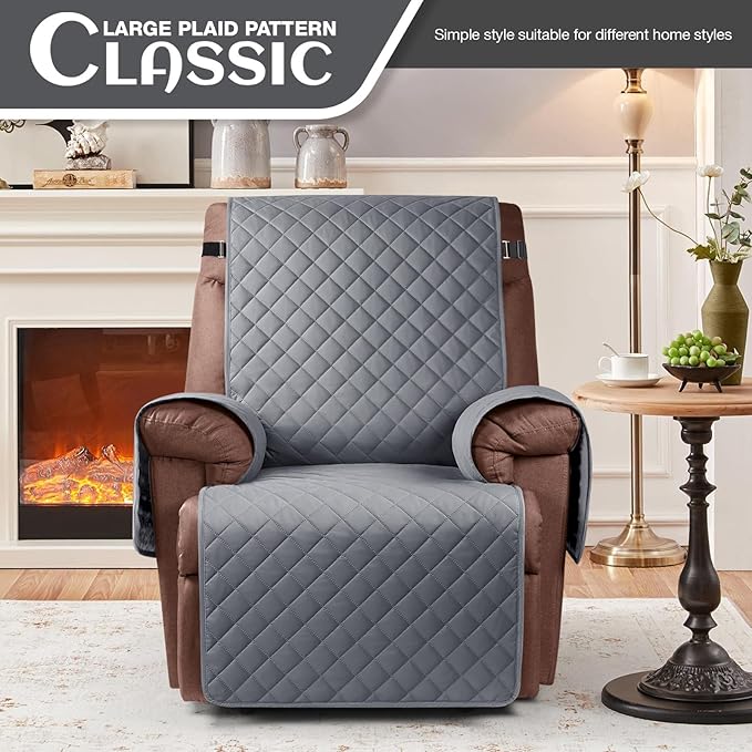 KinCam 100% Waterproof Recliner Chair Cover, Reclining Couch Covers for Pets, Dogs, Recliner Couch Slipcover Furniture Protector with Elastic Straps for Kids(28", Dark Gray)