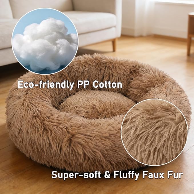 Calming Donut Dog Beds for Small Dogs Cats - Washable Removable Cover Non-Slip Bottom, Round Pet Bed Puppy Bed Warming Fluffy Faux Fur Anti-Anxiety, Fits up to 25 lbs (Camel, 23")