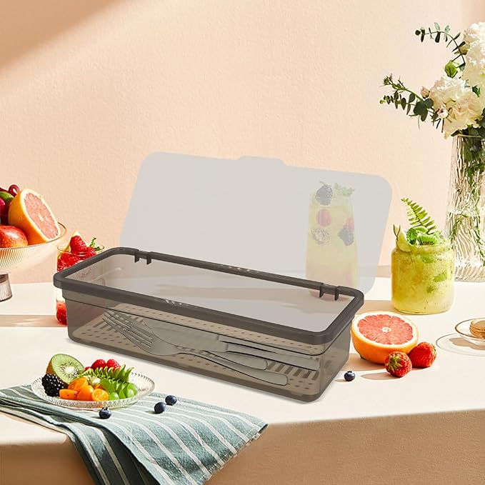 8 Pcs Flatware Tray with Lid Large Plastic Drainer Silverware Utensil Clear Drawer Organizer Cutlery Storage Container Box Dinnerware Holder with Cover for Home Kitchen Travel