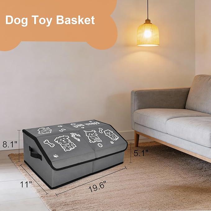 Sturdy Removable Divider Dog Toy Basket with Lid, 19" Collapsible Pet Storage and Handle，600D Cute Living Room Puppy Organizer for Pet Toys, Blankets and Accessories - Grey - 1pcs (1 Pack)