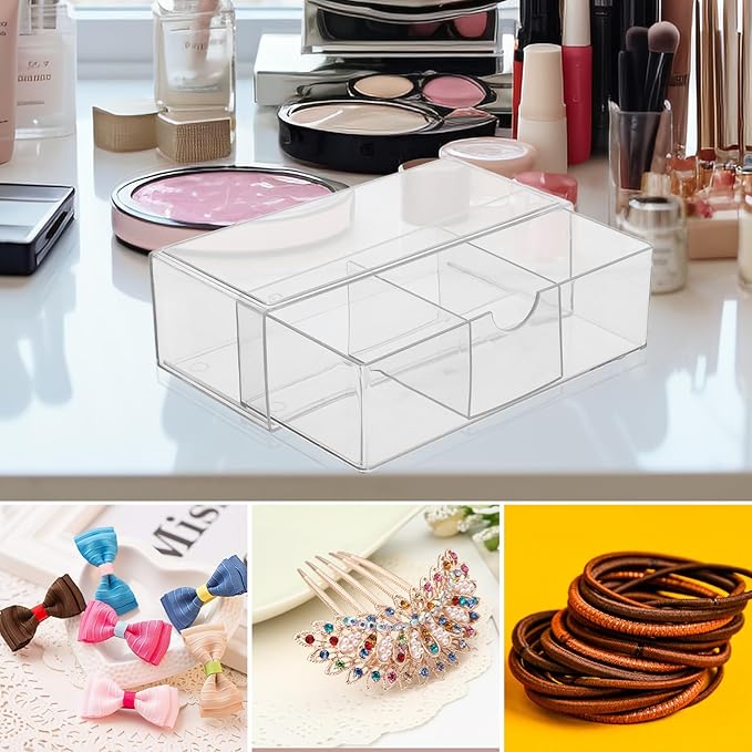 DOITOOL Acrylic Hair Tie Organizer Box with 3-grids Drawer Type Storage Container Stackable Hair Bands Organizer for Bathroom Vanity and Desktop Makeup Storage