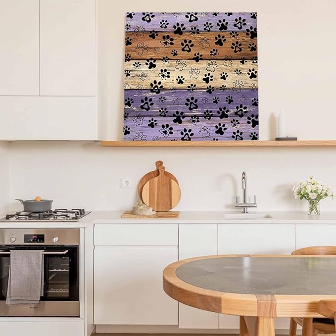Framed Canvas Wall Art for Living Room Dog Paw Print Wall Decor, Retro Brown Purple Wood Grain Aesthetic Paintings for Bedroom Office Kitchen Bathroom, Ready to Hang Artwork Wall Pictures 20x20 Inch
