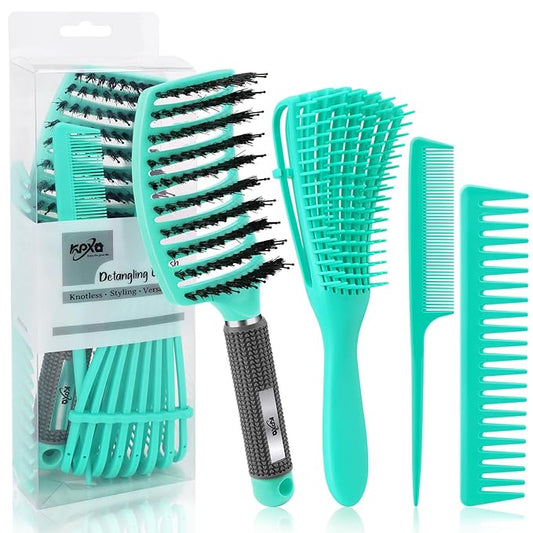 4pcs Curly Hair Brush Set for Adult & Kids Wet or Dry, Detangling & Wide Tooth Comb with Hair Detangler (4, Green)