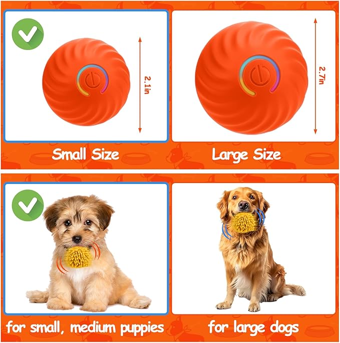 Interactive Dog Toys - Self Rolling Dog Ball with Anti-Chewer Cover for Small/Medium Puppy, Active Motion Activated Toys That Move on its Own, Orange