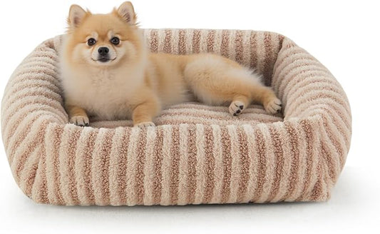 MIXJOY Dog Bed for Medium Small Size Dog, Washable Medium Dogs Bed with Removable Cover, Rectangle Doggy Ded Fluffy Plush Faux Fur Pet Bed with Anti-Slip Bottom, 25"x21"x7", Beige