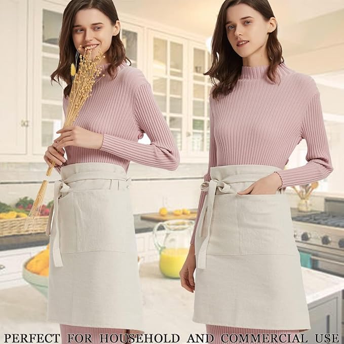 Cityelf Linen Server Apron Cotton Bistro Half Apron with Large Pockets Waist Kitchen Apron for Cooking Waitress