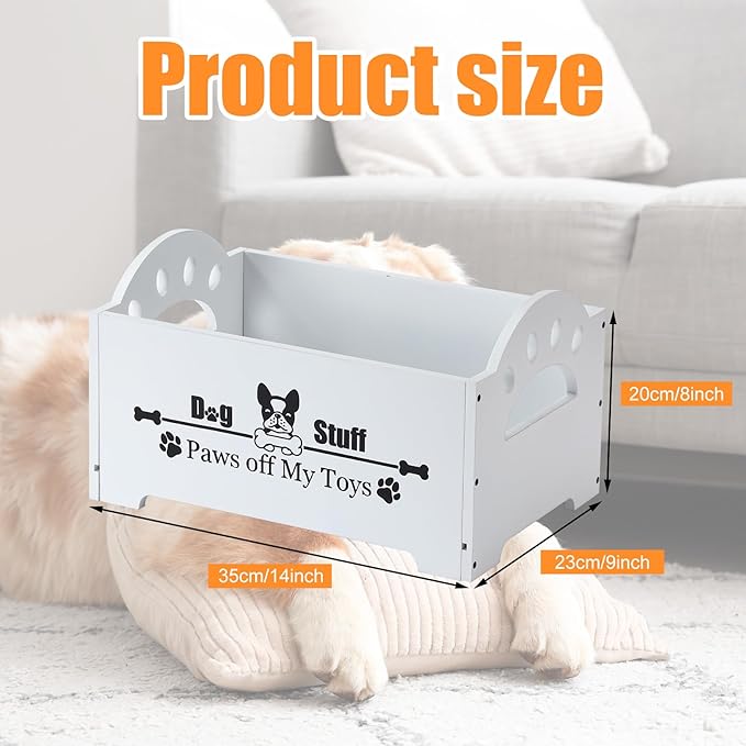 Marsui Wooden Dog Toy Bin Basket with Handle Large Dog Stuff Storage Box Cute Pet Stuff Organizer for Chew, Blankets, Leashes, Food Gift for Living Room Area(White,13.78 Inch)