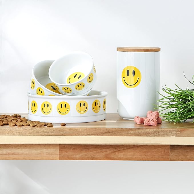 Bone Dry Ceramic Food Bowls, Non-Slip & Dishwasher Safe, Small Set, 4.25x2, Smiley Face, 2 Count