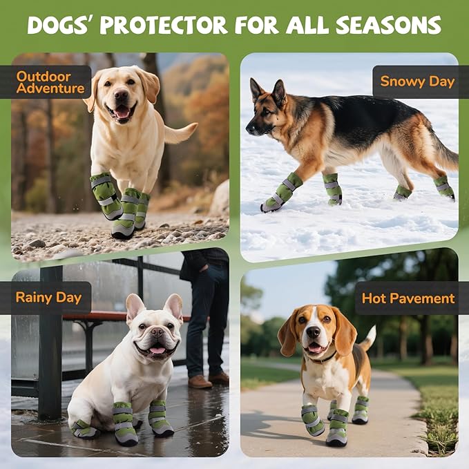 Winter Dog Snow Boots with Fleece Lining, Dog Shoes for Medium Large Size Dogs, Waterproof Dog Booties and Paw Protectors, Anti-Slip & Reflective Dog Shoes for Snow Outdoor, Hiking (Green-Size 5)