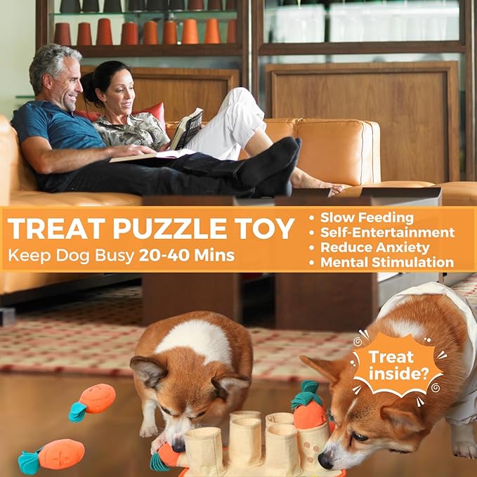 Fossa Boredom Buster for Small and Medium Dog, Interactive Treat Puzzle Rug, Slow Feeder Mat with Squeaky Carrots, 20-40 Mins Self-Entertainment Toy, Enrichment Toy Gifts for Dog