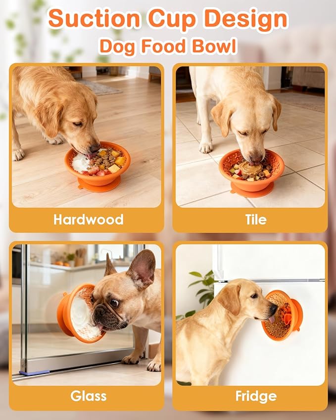 Dog Slow Feeder Lick Bowl to Prevent Fast Eating, Steel Reinforced Rim, Non-Slip Suction Base, BPA-Free Silicone, Dishwasher & Freezer Safe, Helps Extend Mealtime & Keep Dogs Calm(Orange)
