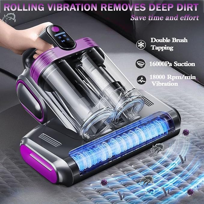 Bed Vacuum Cleaner,16Kpa Suction Double Cup Cordless Mattress Vacuum Cleaner with Ultrasonic and LED Display,18000 RPM/Min Brushroll,Cordless Vacuum for Pet Hair,Sofas,Blankets,Mattresses,etc.