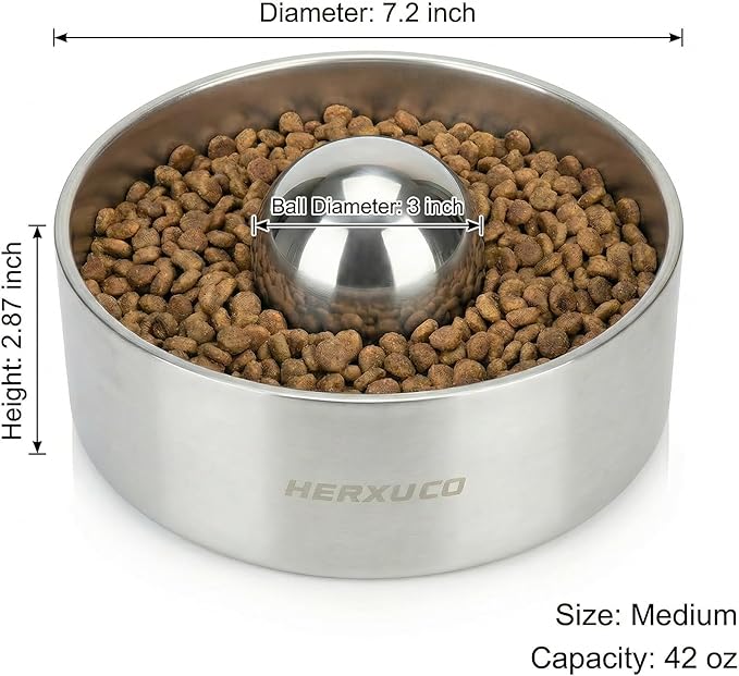 Stainless Steel Dog Slow Feeder – 2-in-1 Pet Bowl 42oz & Slow Feeder Ball 3in – Spherical Design Slows Eating & Use Separately or Together (Medium)