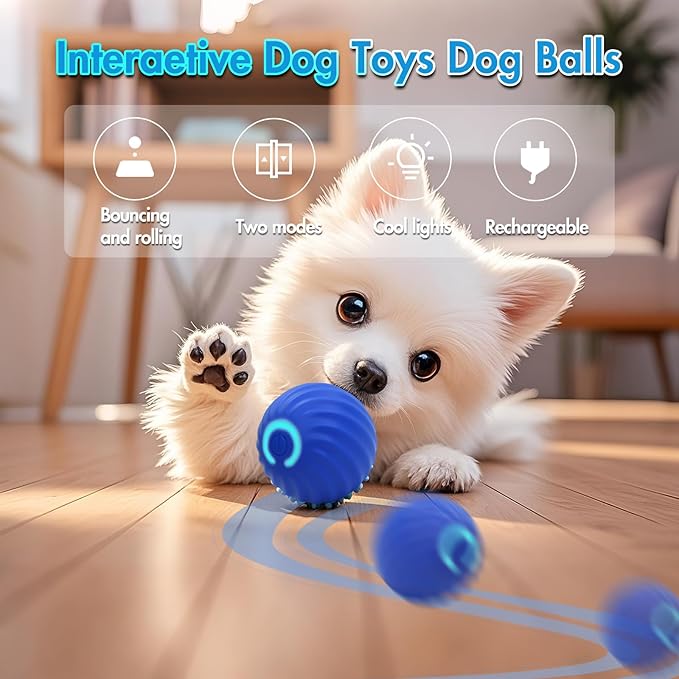 Interactive Dog Ball Toys - For Smart Small Medium Dog Toys to Keep Them Busy with 2 Cover, Automatic Rolling and Jumping Pet Balls Ball for Dogs, Pet Interactive Toy Balls - Rechargeable, Blue