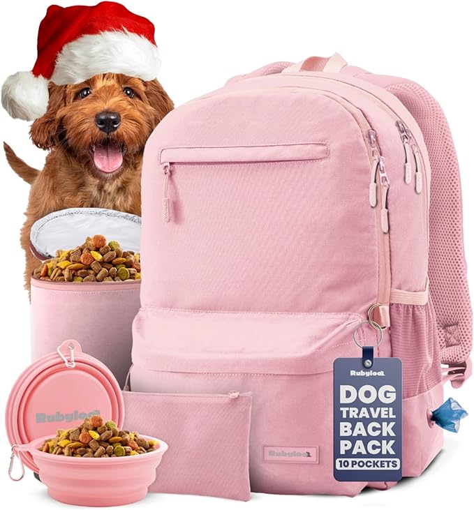 Dog Travel Bag for Supplies - Complete Doggy Diaper Bag Backpack - Ideal Gift for Dog Lovers, Doggy Moms for Christmas - Laptop Sleeve, 2 BPA-Free Bowls, Food Container, Treat Pouch: Dusty Pink