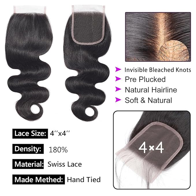 Selina Hair 4x4 Lace Closure Body Wave Human Hair Free Part Brazilian Virgin Hair Lace Frontal Human Hair Natural Black Color 20 Inch