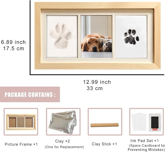 ZAPVLVT Paw Print Impression Kit for Dogs and Cats, 2 Clay, Large Ink Pad, Wooden Picture Frame, Pet Memorial Keepsake, Gift for Pet Owners & Lovers