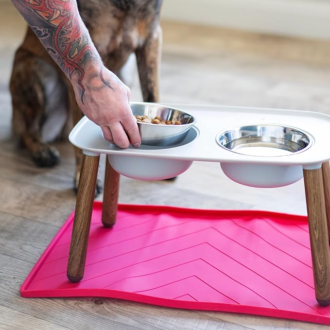 Messy Mutts Elevated Double Feeder with Stainless Bowls | Adjustable Height 3”, 5”, or 10” | Adjustable Standing Feeder for Dogs | 5 Cups per Bowl | Light Grey with Faux Wood Legs
