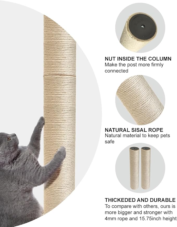 4 PCS M8 Cat Scratching Post Replacement, 15.7 x 3.3 inch Sisal Pole Cat Tree Replacement Post with Screws, Refill Sisal Rope Scratcher Posts for Indoor Tree Tower Cat Furniture Protector