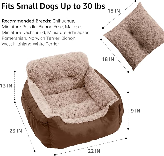 Dog Car Seat for Small Dogs,Washable Pet Booster Car Seats with Clip-On Safty Leash, Comfy Deluxe Plush Carseat with Storage Pockets, Puppy Car Travel Carrier Bed for Dogs Under 25 lbs, Brown