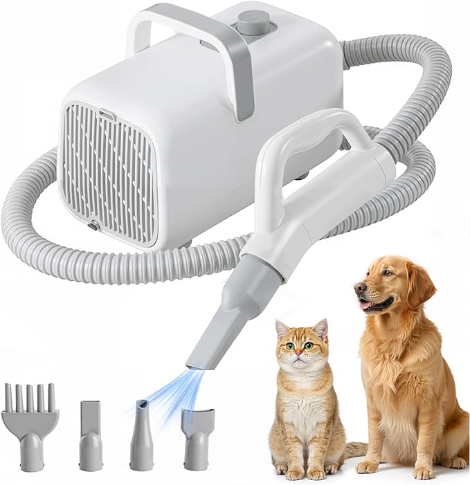 Dog Hair Dryer, Grooming Heat 1550W High Velocity Pet Blow Dryer, Speed Temperature Adjustable Dog Blower Grooming Dryer with 4 Nozzles