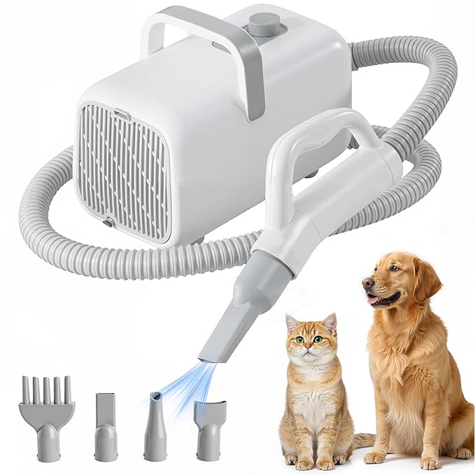 DUMOS Pet Blow Dryer Grooming Vacuum Kit, Dog Dog Hair Dryer with Adjustable Wind Speed & Heater Temperature, Cool-Warm-Hot Cycle Mode, 4 Nozzles, 6.5 FT Cord for Low Noise Cat Hair Remover, White