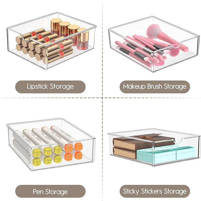 Acrylic Drawer Organizers - 21 Drawers 4 Set - Clear Storage Drawers for Office Supplies - Stackable Makeup Organizer - Dustproof Desk Organizers for Makeup, Jewelry, Pen, Stationary