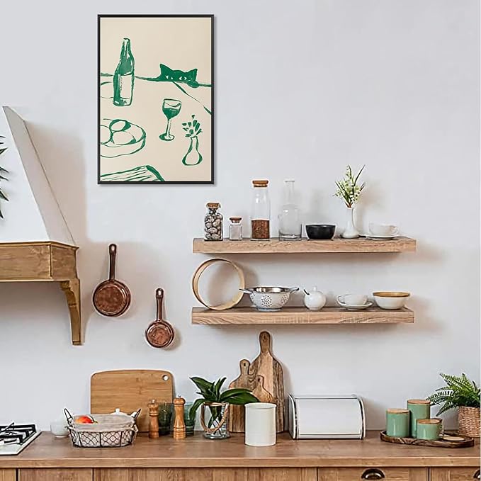 Sneaky Cat Wine Wall Art Funny Kitchen Animal Poster Whimsical Pet Wall Decor Abstract Scandi Dinner Sketch Prints Painting For Living Room Dining Room Wall Decor 16x24in Framed