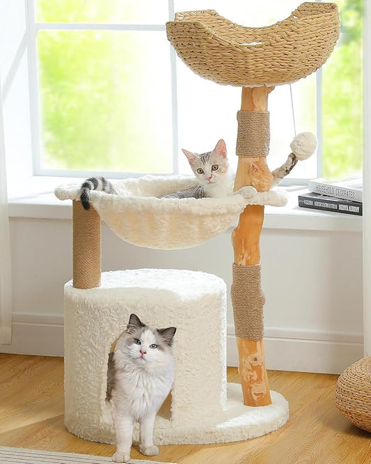 Modern Cat Tree for Large Cats, Wood Cat Tower for Indoor Cats, Real Branch Luxury Cat Furniture with Super Large Cozy Condo and Hammock & Scratching Post, Top Basket, White