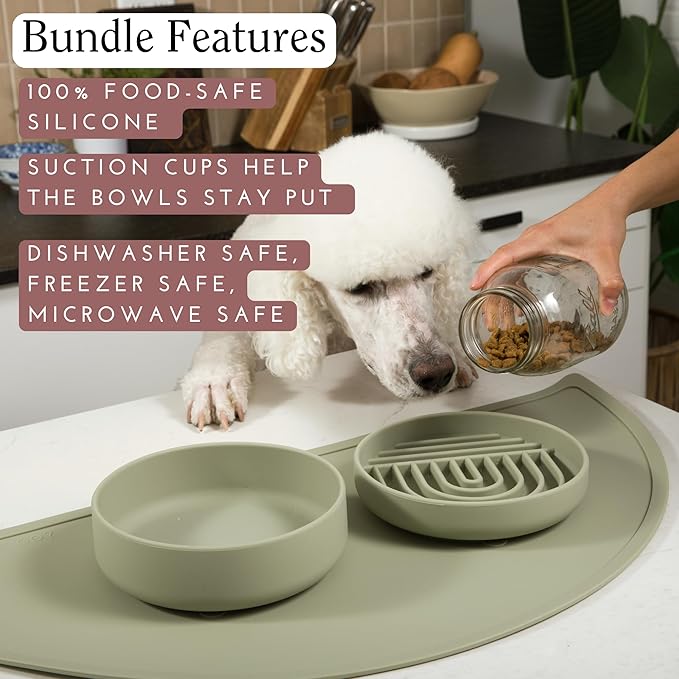 Should We Go? Silicone Pet Feeding Set - Slow Feeder Bowl, Waterproof Mat & No-Spill Water Bowl, Non-Slip, Easy-to-Clean, Durable, Large-Blush for Dogs & Cats