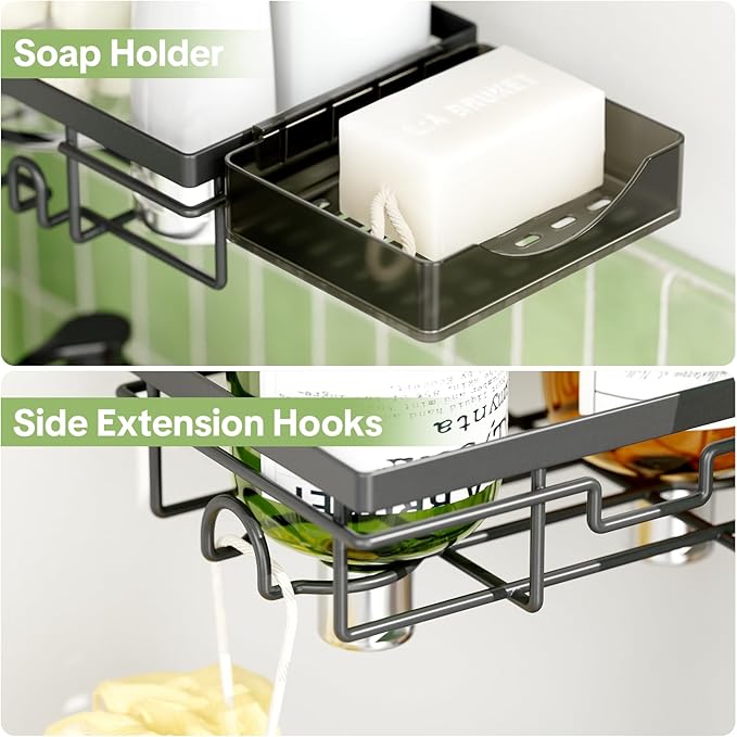 Shower Tension Rod Organizer, 6 Tier Rustproof Corner Shower Caddy Tension Pole with Soap Holder & Hooks, Adjustable 30-121 Inch Bathroom Shelf for Renters - Family Stand Storage Rack, Black
