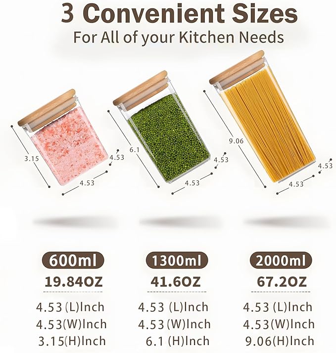 Square Storage Containers with Lids, Clear Food Storage Container Jar with Sealing Bamboo Lid for Noodles Flour Cereal Rice Sugar Tea Coffee Beans (20oz*5/40oz*2/67oz*1)