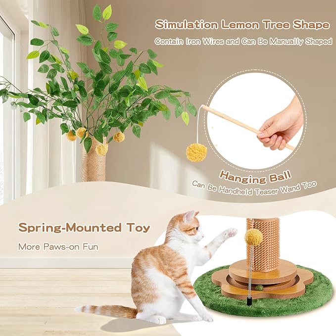 45" Tall Cat Scratching Post with Sisal Rope for Indoor Cats Adults Kittens, Cat Tree Scratcher with Hanging Balls, Self Groomer, Track Balls