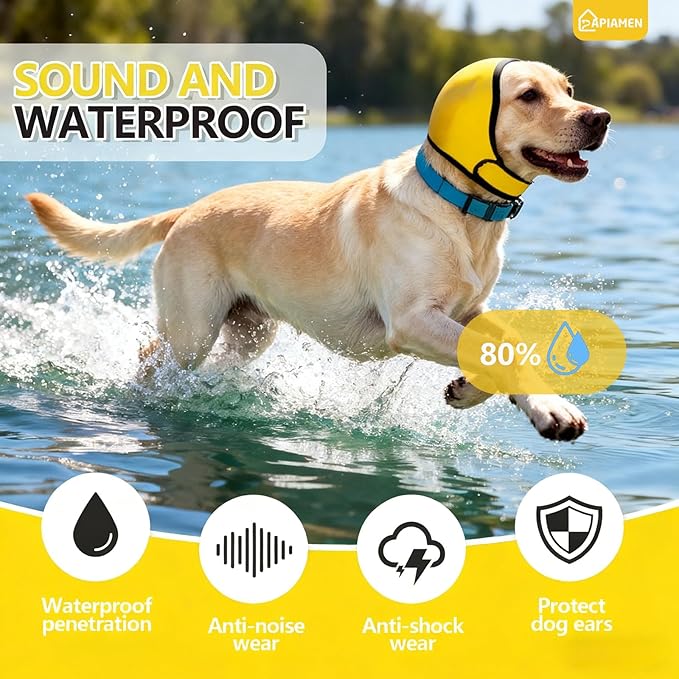 Dog Ear Cover for Hematoma,Bathing,Grooming,Drying,Fashion No Shake Ear Wraps for Dogs Ear Muffs Noise Protection Anxiety Relief,Waterproof Dog Calming Hoodie Shower Cap(Yellow,M)