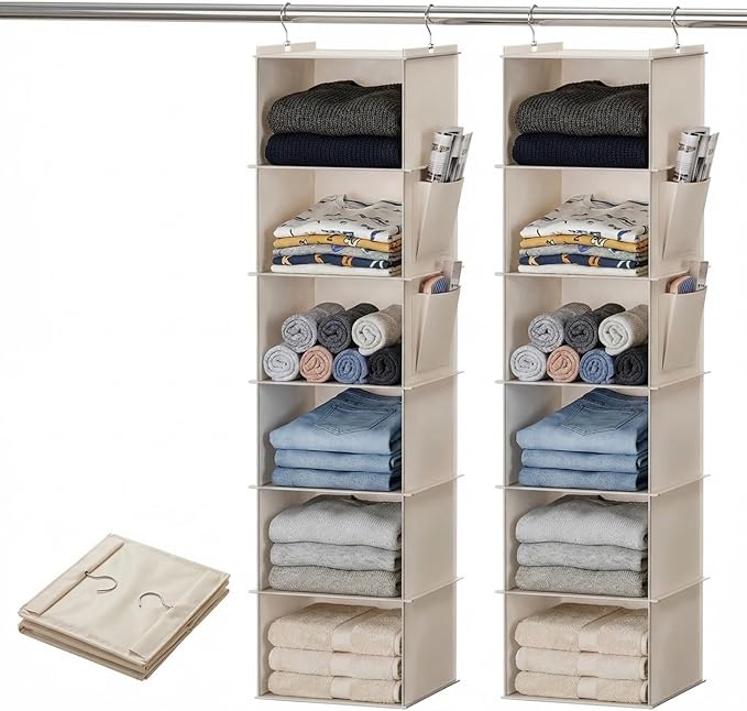 2 Pack 6-Shelf Hanging Closet Organizer, Closet Hanging Storage Shelves with Side Pockets for Clothes, Shoes, Accessories, Wardrobe Organizer, Space Saving Solution