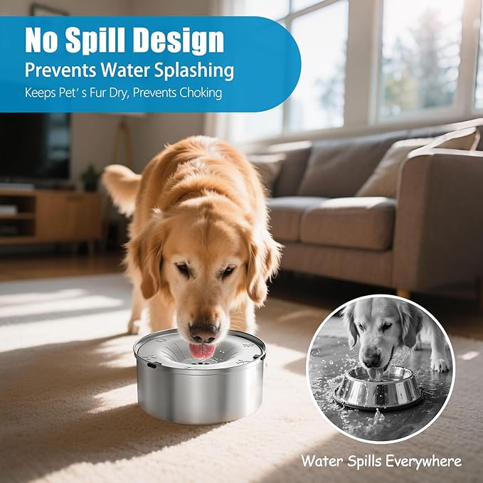 No-Spill Dog Water Bowl — 3L Stainless Steel, Floating Disk, Anti-Splash (Light Gray)