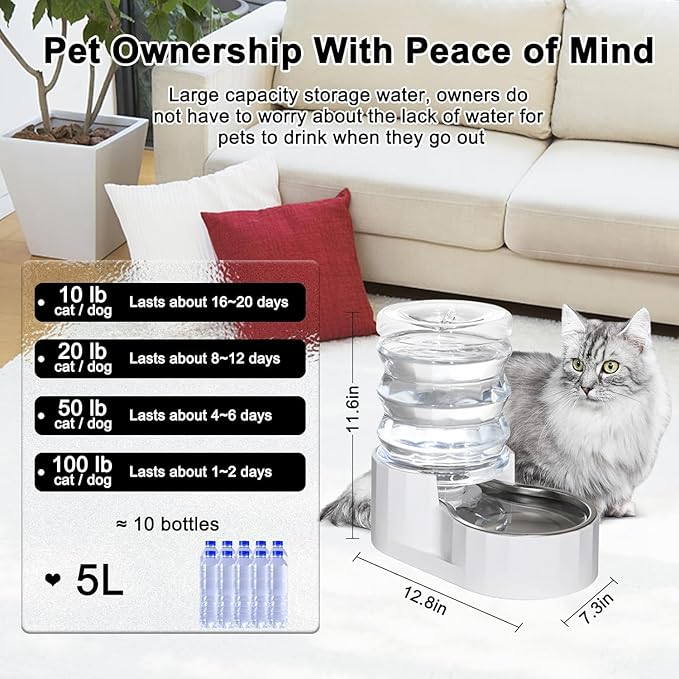 RIZZARI Dog Water Bowl Dispenser: 5L Large Automatic Stainless Steel Gravity Feeder with Specialized Brush and Triple Filter - for Cats with Joint Spine Pain - for Kitchen Bedroom