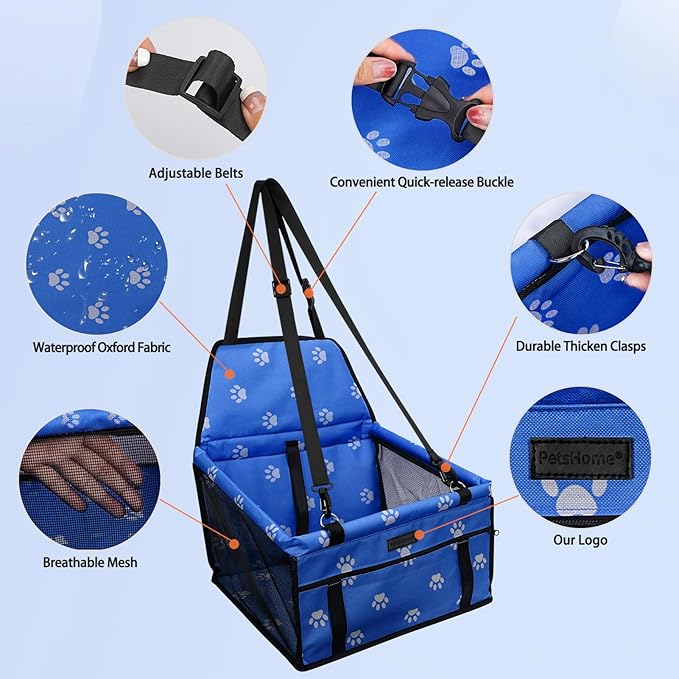 PetsHome Dog Car Seat Foldable Dog Car Booster Seat Waterproof Breathable Oxford Travel Bag for Small to Medium Dogs, Puppies, and Pets-Footprint Blue+Mat