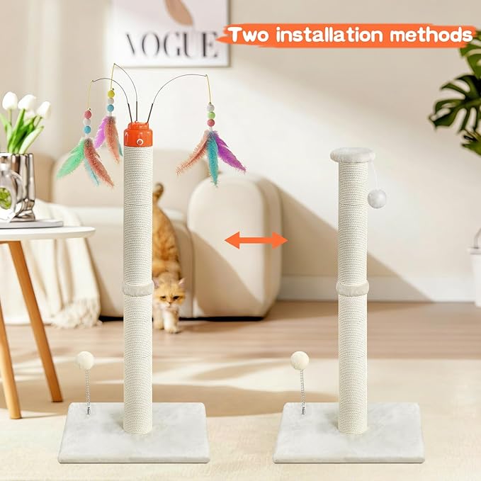 Cat Scratching Post ，33.4" Sisal Rope Cat Scratcher Tall Scratching Post for Indoor Cats with Interactive Cat Toys Automatic Teaser Wand and Rotating Hanging Balls