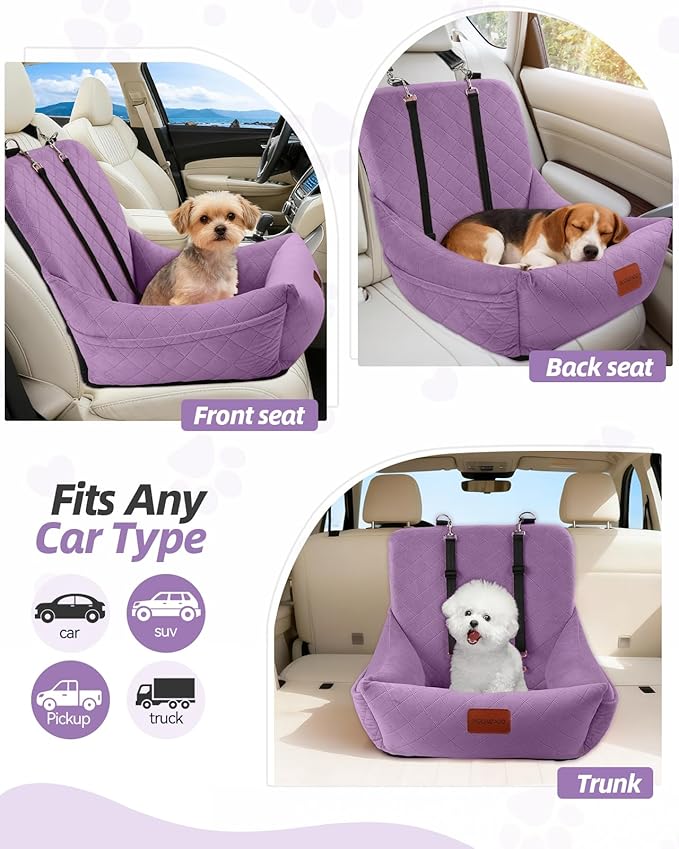 Dog Car Seat,Pet Booste Bed with Seatbelt,Washable Dog Car Travel Bed Easy to Assemble, Clip-On Safety Leash and Storage Pocket (Purple)